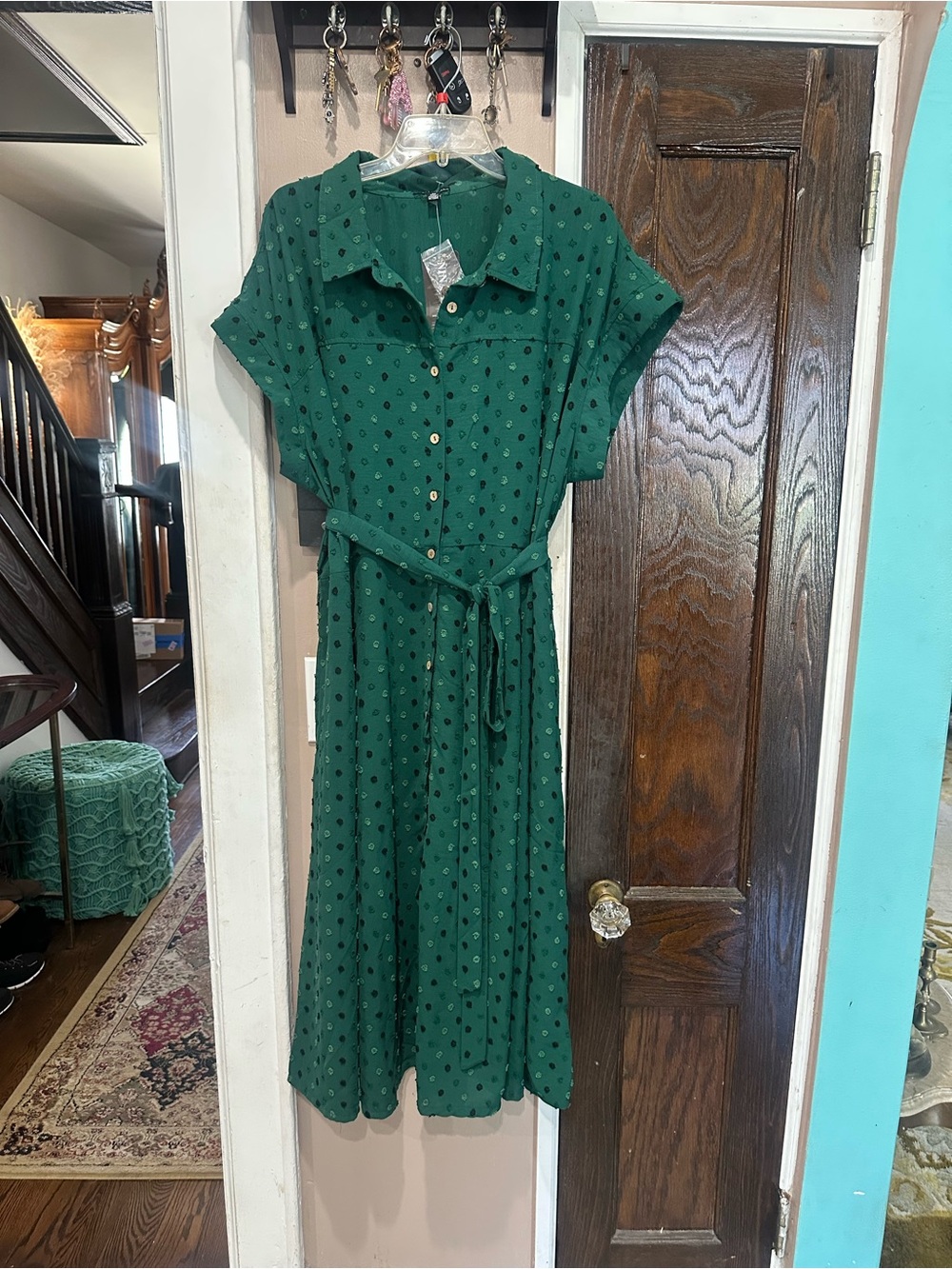 Nina Leonard Emerald Green Button-Front Midi Dress with Tie Waist